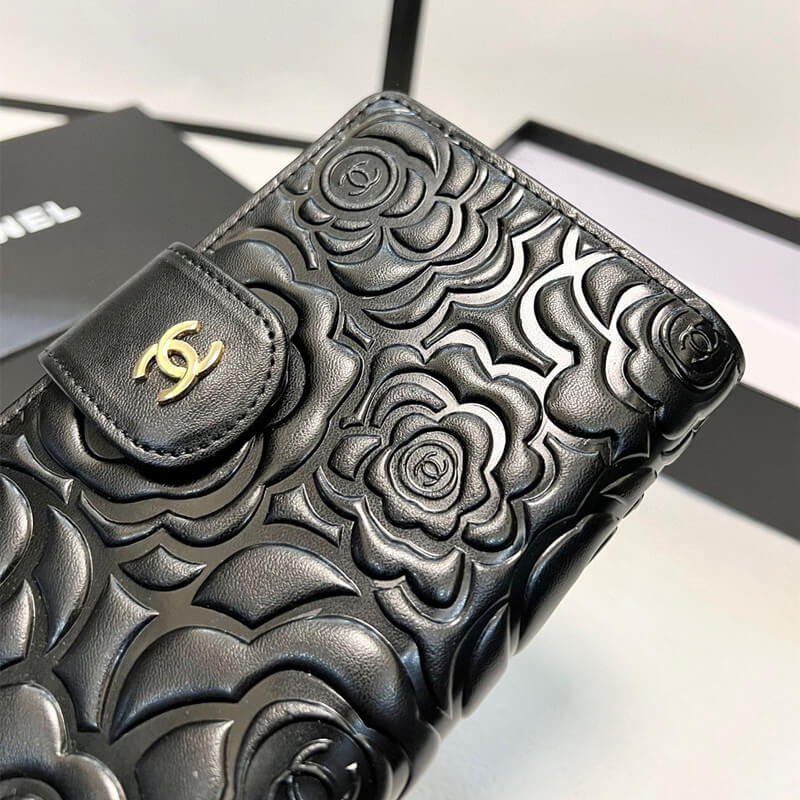 CHANEL シャネル カメリア 長財布 二つ折り ブラック 黒 ラムスキン 